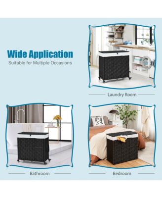 Laundry Hamper w/Wheels &amp; Lid, 125L 3-Section Clothes Hamper w/2 Liner Bags