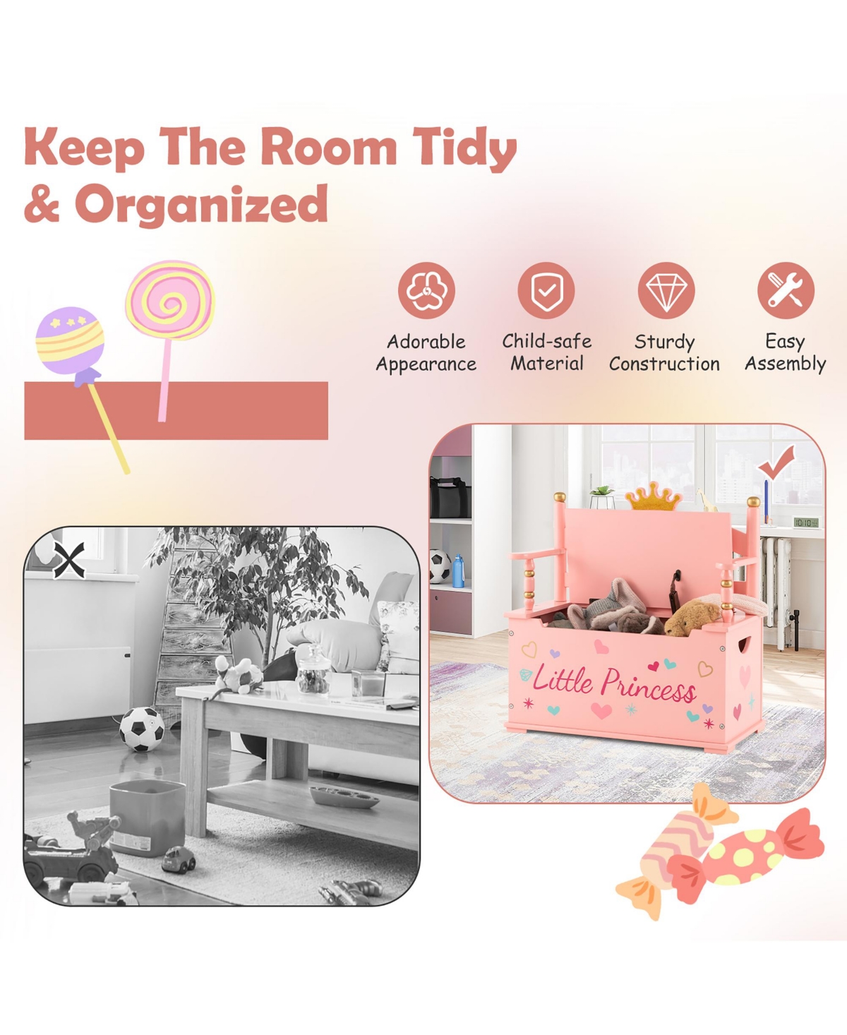 Costway Kids Princess Wooden Bench Seat Toy Box Storage Organizer Children Playroom