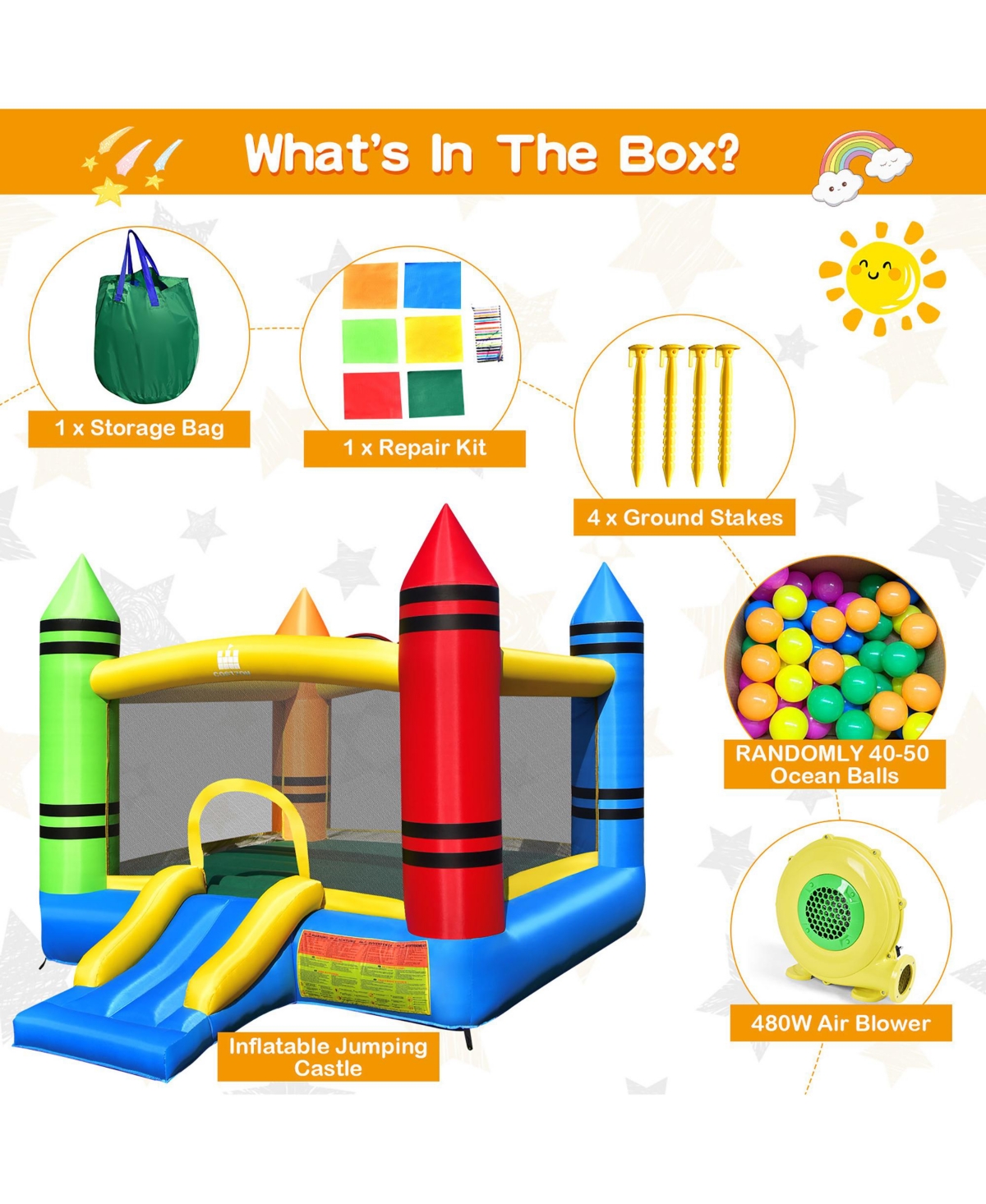 Costway Inflatable Bounce House Kids Jumping Castle w/ Slide Ocean Balls & 480W Blower