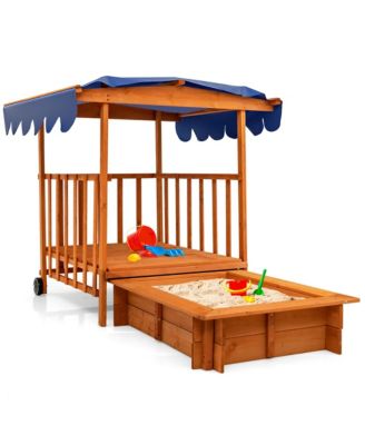 Wooden Retractable Sandbox with Cover & Built-in Wheels Kids