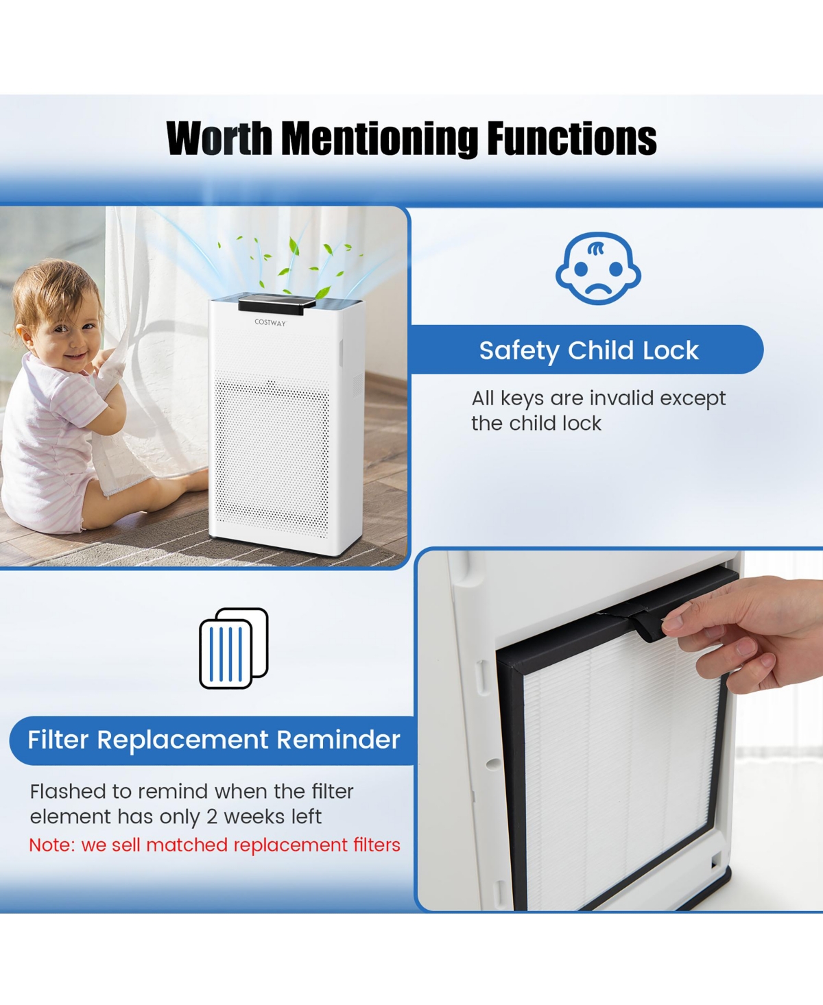 Costway 2-in-1 Air Purifier Replacement Filter True Hepa Filter + Active Carbon Filter