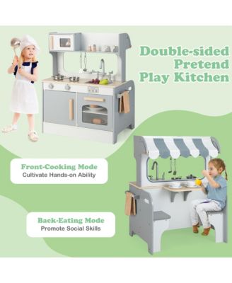 2 in 1 Kids Play Kitchen& Restaurant Double Sided Wooden Kitchen Playset Toddler