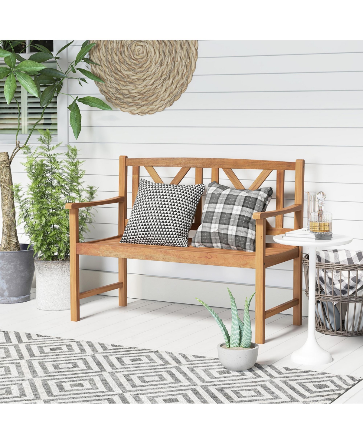 Costway Patio Acacia Wood 2-Person Slatted Bench Outdoor Loveseat Chair Garden