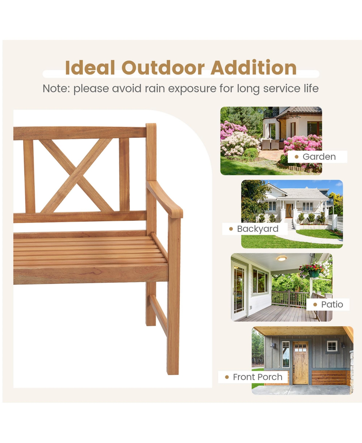 Costway Patio Acacia Wood 2-Person Slatted Bench Outdoor Loveseat Chair Garden