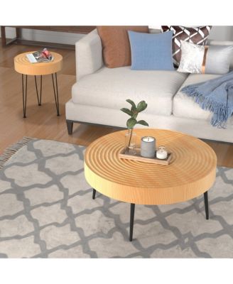 Farmhouse Round Coffee Table Set of 2 End Table Natural Finish
