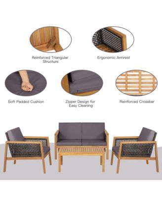 4PCS Patio Rattan Furniture Set Acacia Wood Cushioned Sofa