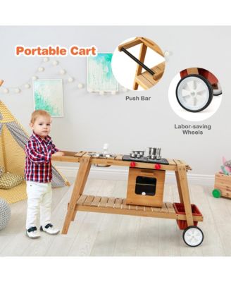 Kid's Play Trolley Outdoor Wooden Kids Play Cart with Sun Umbrella for Toddlers 3+
