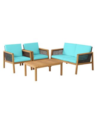4PCS Patio Rattan Furniture Set Acacia Wood Cushioned Sofa