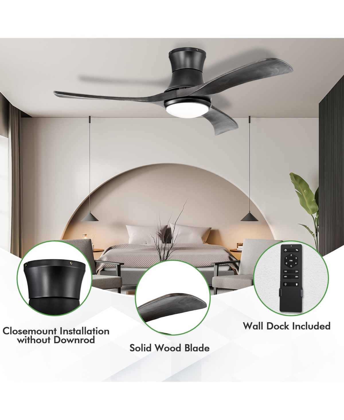 Costway Inches Ceiling Fan with Led Light, Remote Control,6 Wind Speeds and 8H Timer