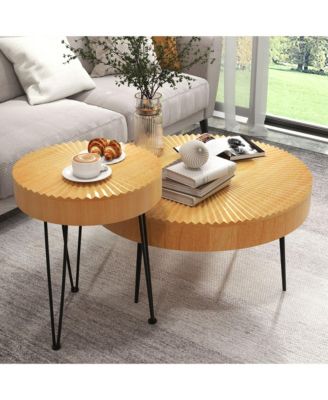 Farmhouse Round Coffee Table Set of 2 End Table Natural Finish for Living Room