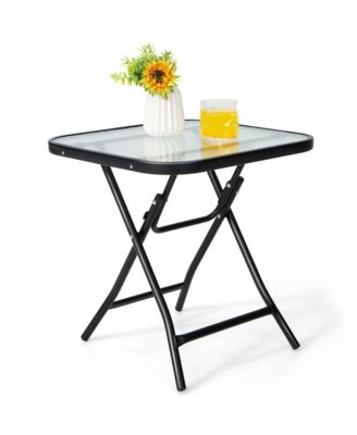 Patio Folding Square Glass Side Table Bistro Coffee Table Plant Stand
