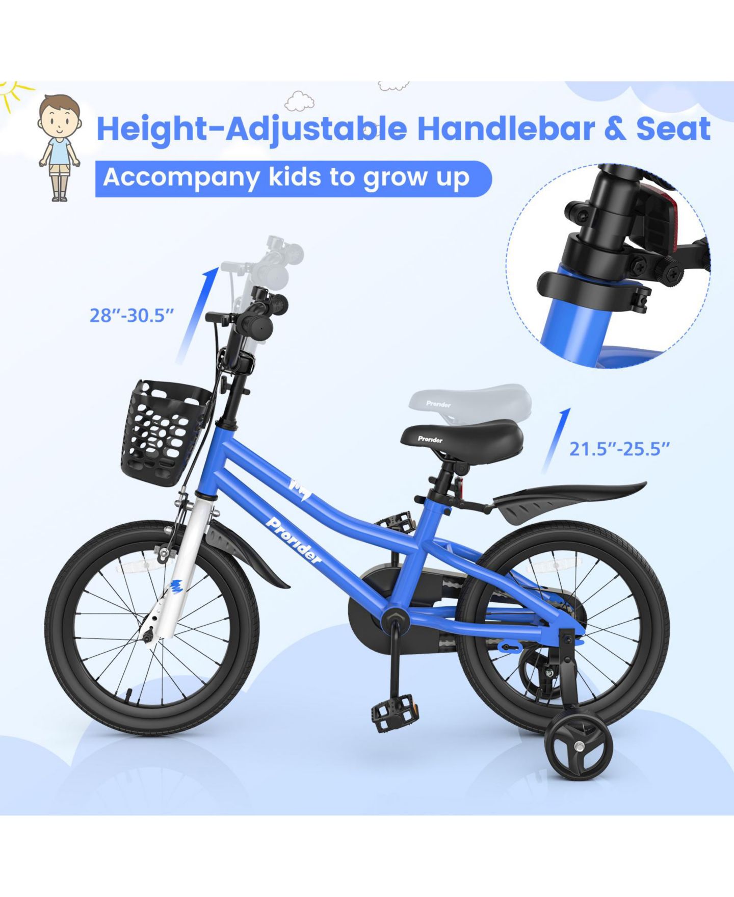 Детская игрушка Costway Racing Pattern Series 16" Height-Adjustable Kids' Bike with Removable Training Wheels, Ages 4-7, цвет: Синий — фото 4