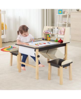 Kids Art Table & 2 Chairs Set Wooden Drawing Desk