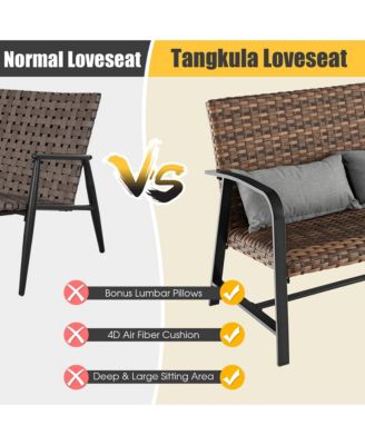 2 PCS Patio Rattan Loveseat Coffee Table Set Padded Back and Seat Pillow w/Shelf