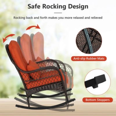 Patio Wicker Rocking Chair with Seat Back Cushions & Lumbar Pillow Porch