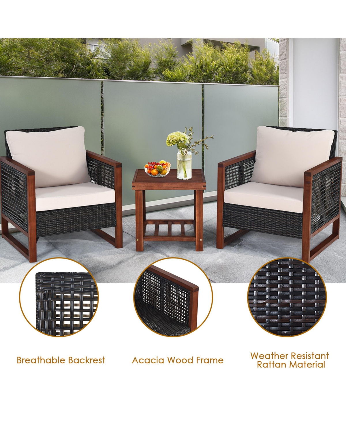 Gymax 3PCS Rattan Wicker Patio Conversation Set Outdoor Furniture Set w/ Cushion - Light beige+brown