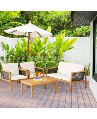 4PCS Patio Acacia Wood Furniture Set PE Rattan Conversation Set with Off White Cushions