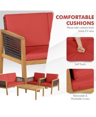 4PCS Patio Acacia Wood Furniture Set PE Rattan Conversation Set w/ Red Cushions