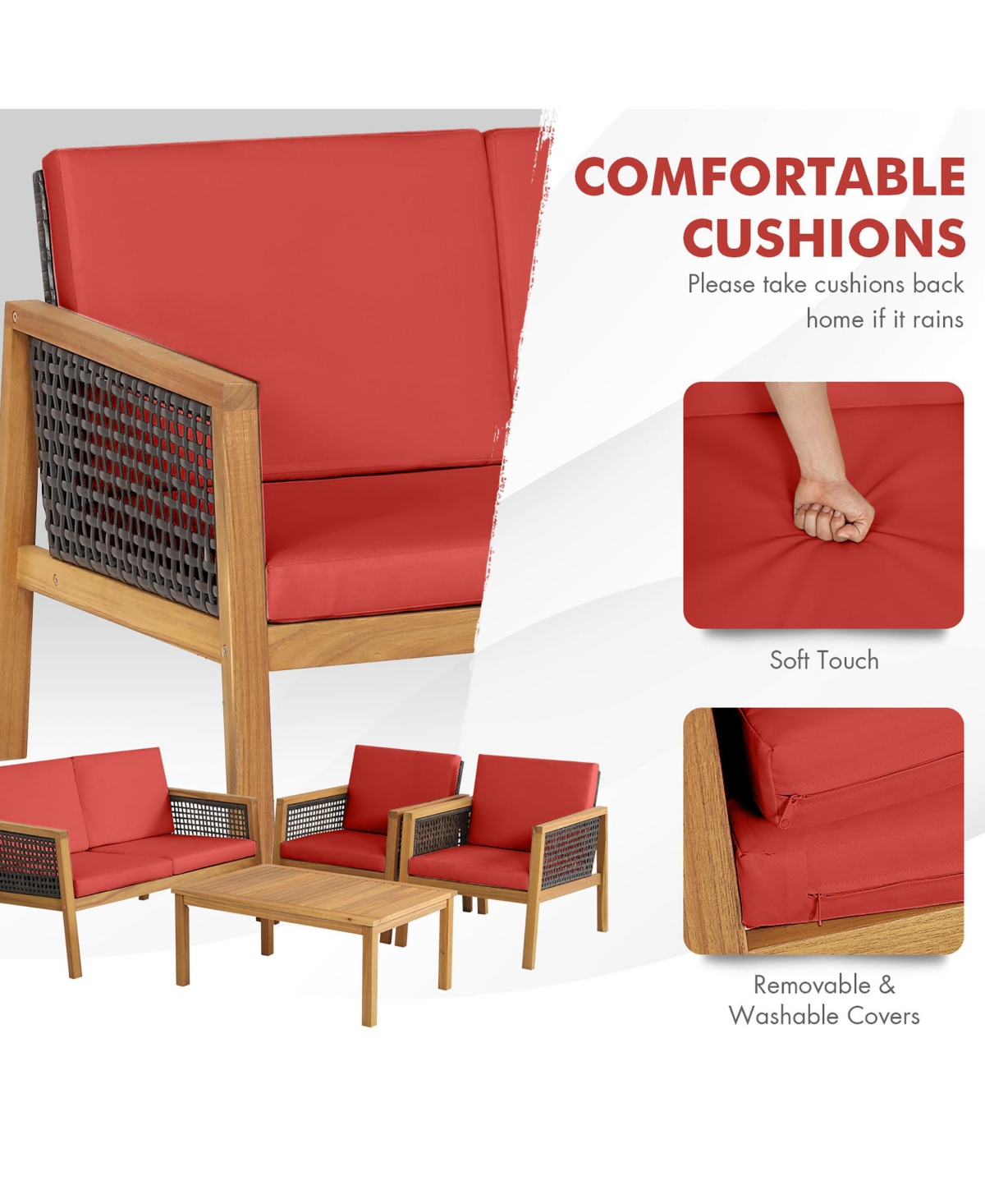 Gymax 4PCS Patio Acacia Wood Furniture Set Pe Rattan Conversation Set w/ Red Cushions