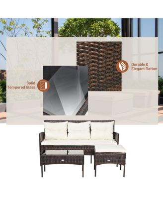 3PCS Patio Rattan Sectional Conversation Furniture Set w/ Off White Cushions