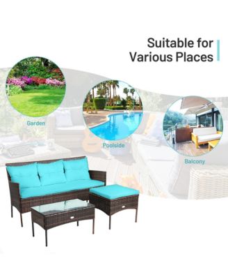 3PCS Patio Rattan Sectional Conversation Furniture Set w/ Turqouise Cushions