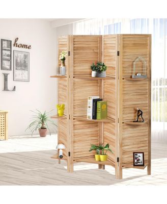 4 Panel Folding Room Divider Screen W/3 Display Shelves 5.6 Ft Tall