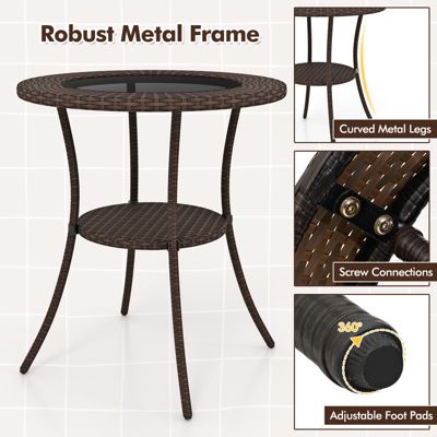 Round Rattan Wicker Coffee Table Glass Top Steel Frame Patio Furni W/Lower Shelf