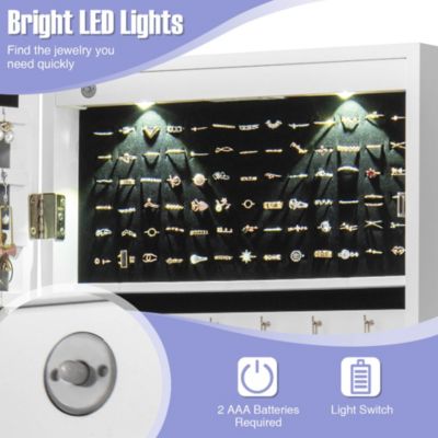 Wall Mount Mirrored Jewelry Cabinet Organizer LED Lights
