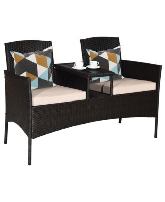 Patio Rattan Conversation Set Loveseat Sofa Cushioned Coffee Table