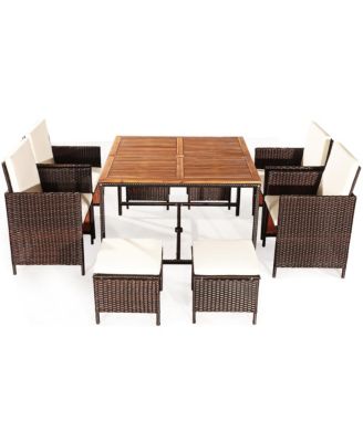 9PCS Patio Rattan Dining Set Cushioned Chairs Ottoman Wood Table Top
