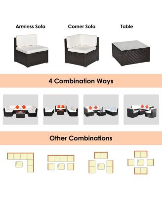 7PCS Patio Rattan Furniture Set Sectional Sofa Cushioned Glass Table