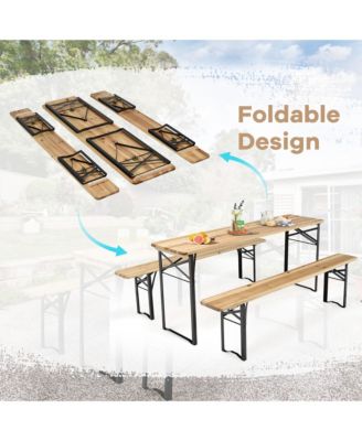 3 PCS Beer Table Bench Set Folding Wooden Top Picnic Table Patio Garden