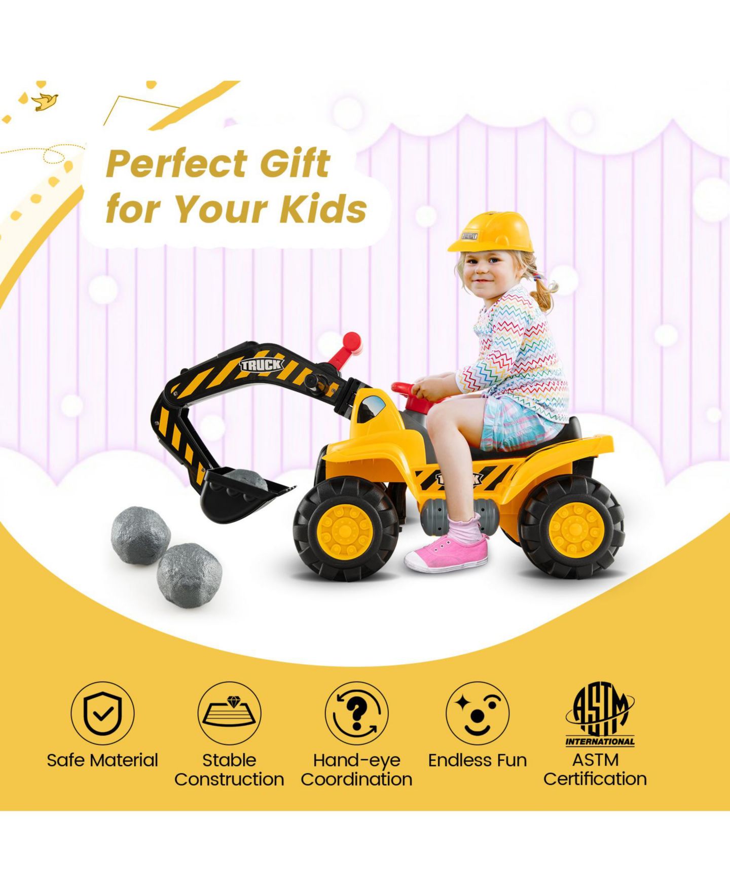 Детская игрушка Costway Kids' Ride-On Excavator Digger with Under-Seat Storage, 35"L x 17.5"W x 12"H, Ages 3+, цвет: Жёлтый — фото 4