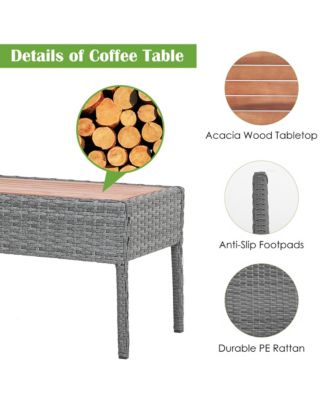 4PCS Patio Rattan Furniture Set Cushioned Chair Wooden Tabletop