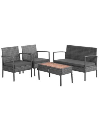 4PCS Patio Rattan Furniture Set Cushioned Chair Wooden Tabletop