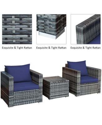 3 PC Patio Rattan Furniture Bistro Set Cushioned Sofa Chair Table