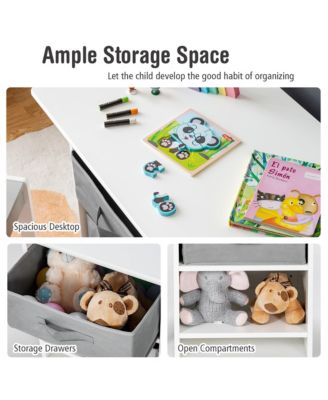 Kids Art Play Wood Table and 2 Chairs Set w/ Storage Baskets Puzzle