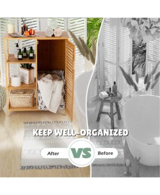 Bathroom Cabinet Bamboo Storage Floor Cabinet w/ Single Door & 3 Open Shelves