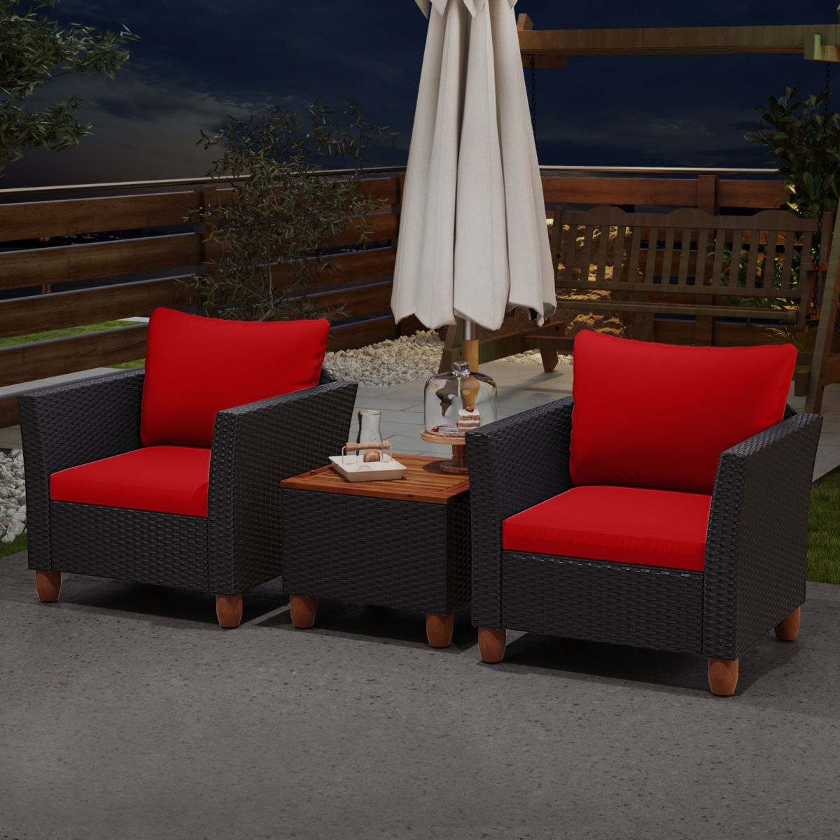 Costway 3PCS Outdoor Patio Rattan Furniture Set Wooden Table Cushioned Sofa