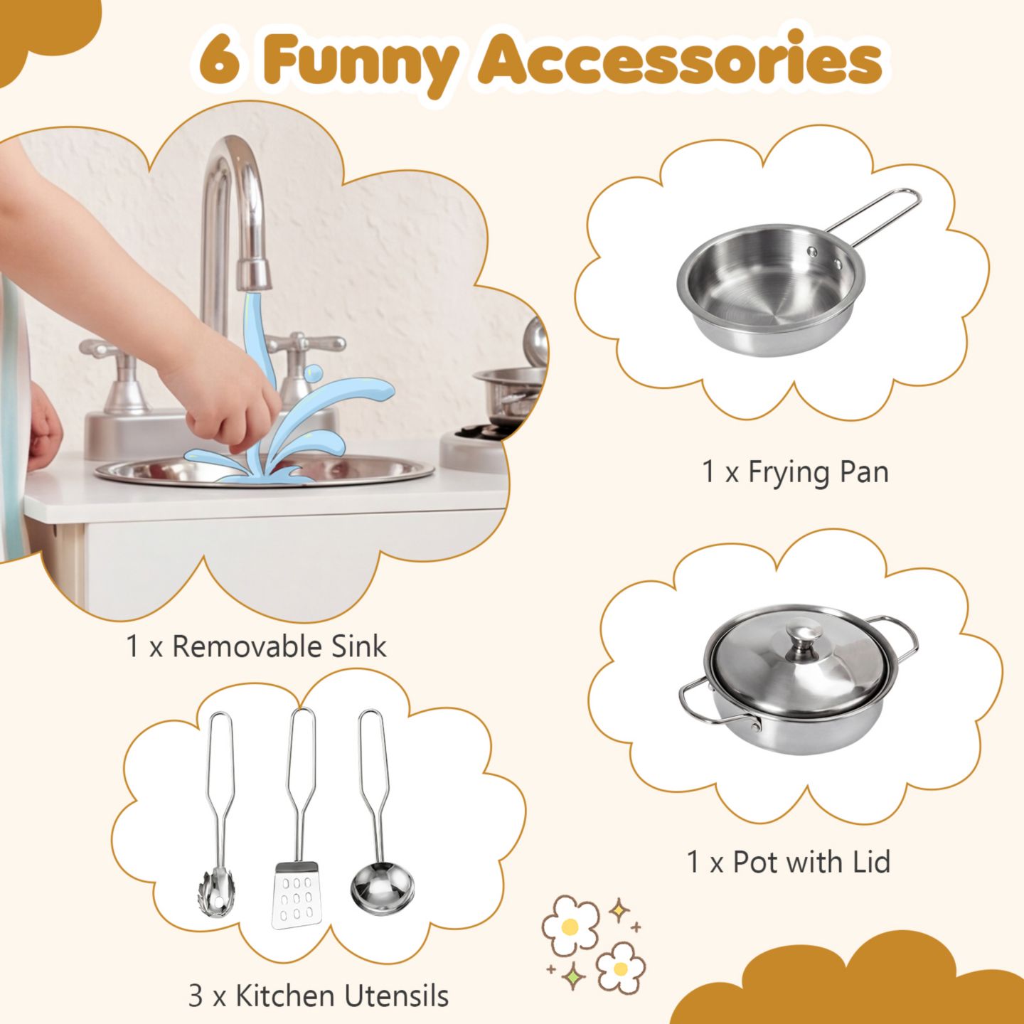 Детские игрушки Costway Water Dispenser 5-Piece Wooden Play Kitchen, от 3 лет, цвет: Белый — фото 9