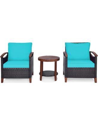 3PCS Patio Rattan Furniture Set Wooden Frame Cushion Table Shelf