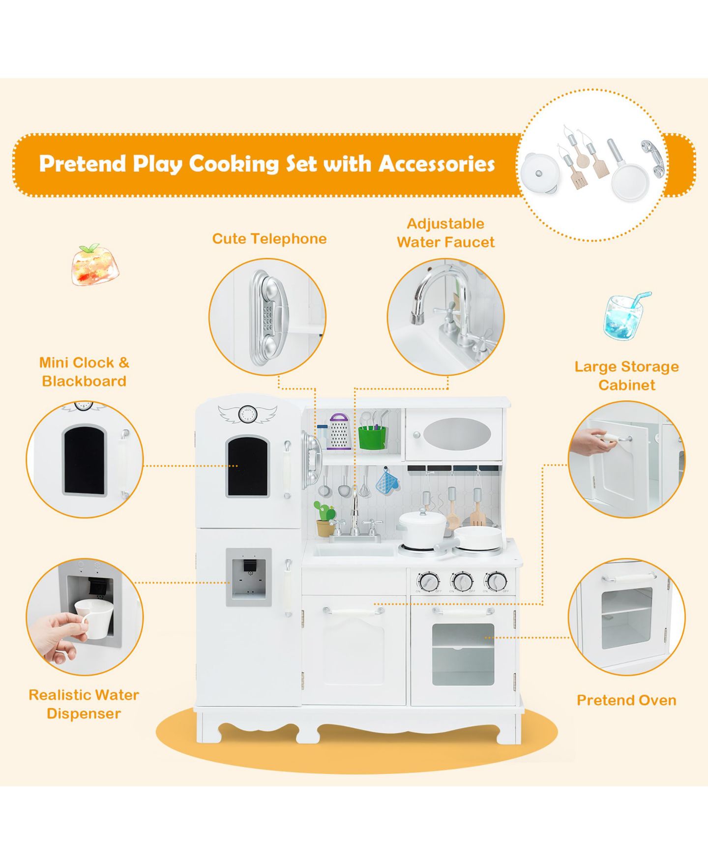 Детские игрушки Costway Play Kitchen with Water Dispenser, 6-Piece Set, Ages 3+ — фото 10