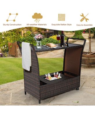 Patio Rattan Bar Serving Cart Wheels Ice Bucket Glass Top Handle Garden