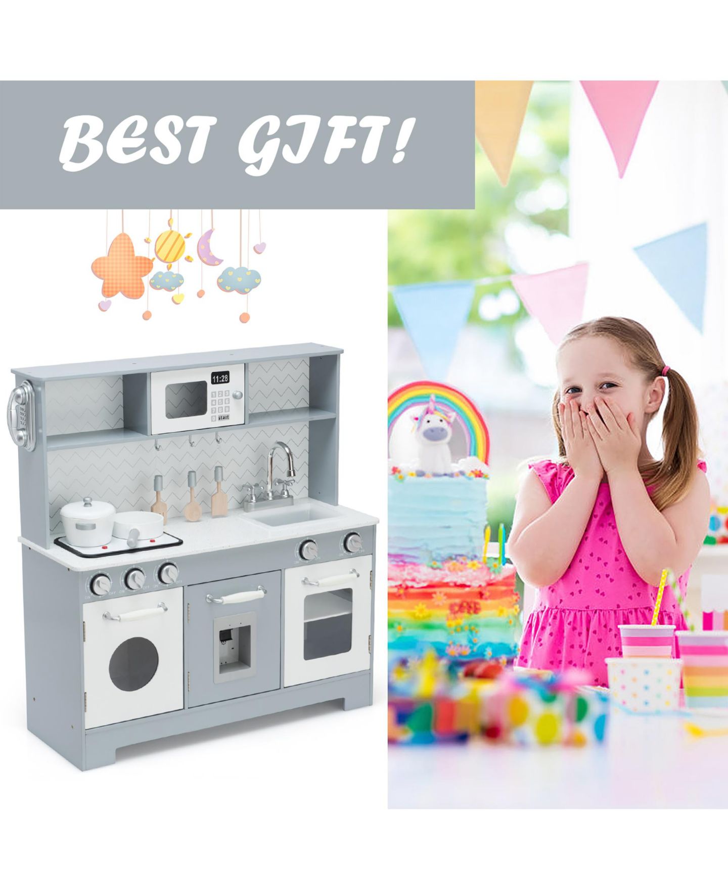 Детские игрушки Costway Realistic Light & Sound 6-Piece Wooden Play Kitchen, Ages 3+, цвет: Серый — фото 7