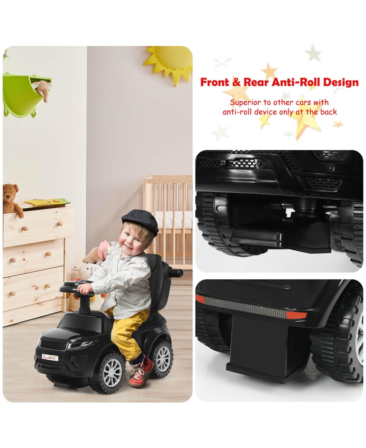 Детская игрушка Costway 3 in 1 Ride-On Push Car with Music, Ages 1+, цвет: Чёрный — фото 9