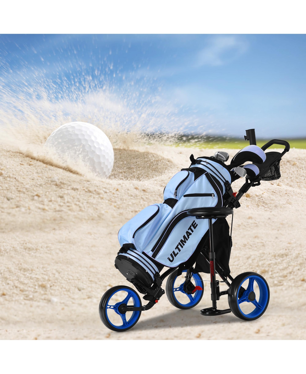 Costway Folding 3 Wheels Golf Push Cart W/Seat Scoreboard Adjustable Handle
