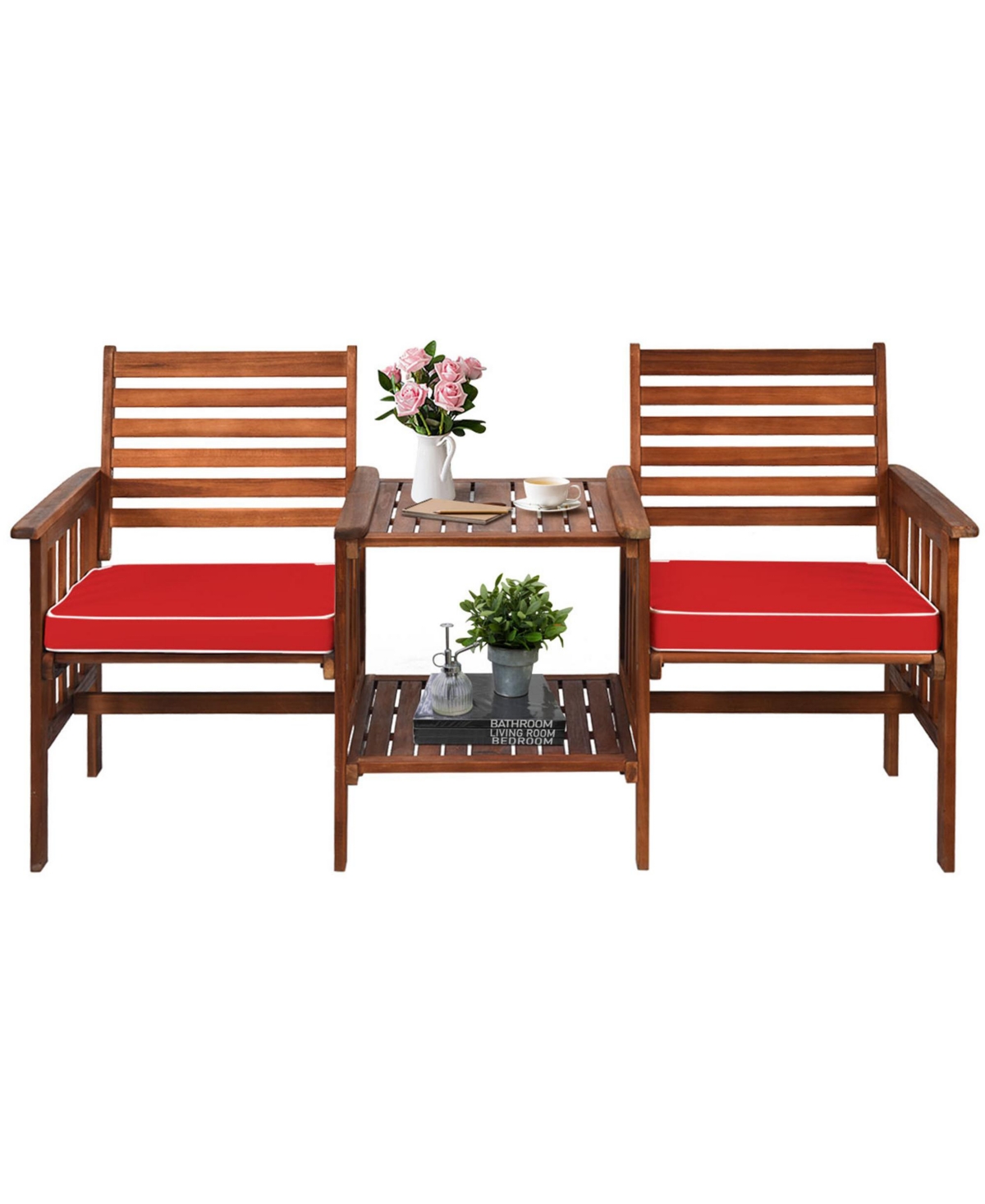 Gymax Acacia Wood Loveseat Patio Outdoor Conversation Set w/ Table Red Cushion