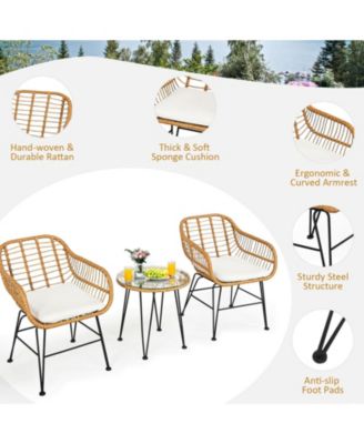3 Pieces Rattan Furniture Set with Cushioned Chair Table