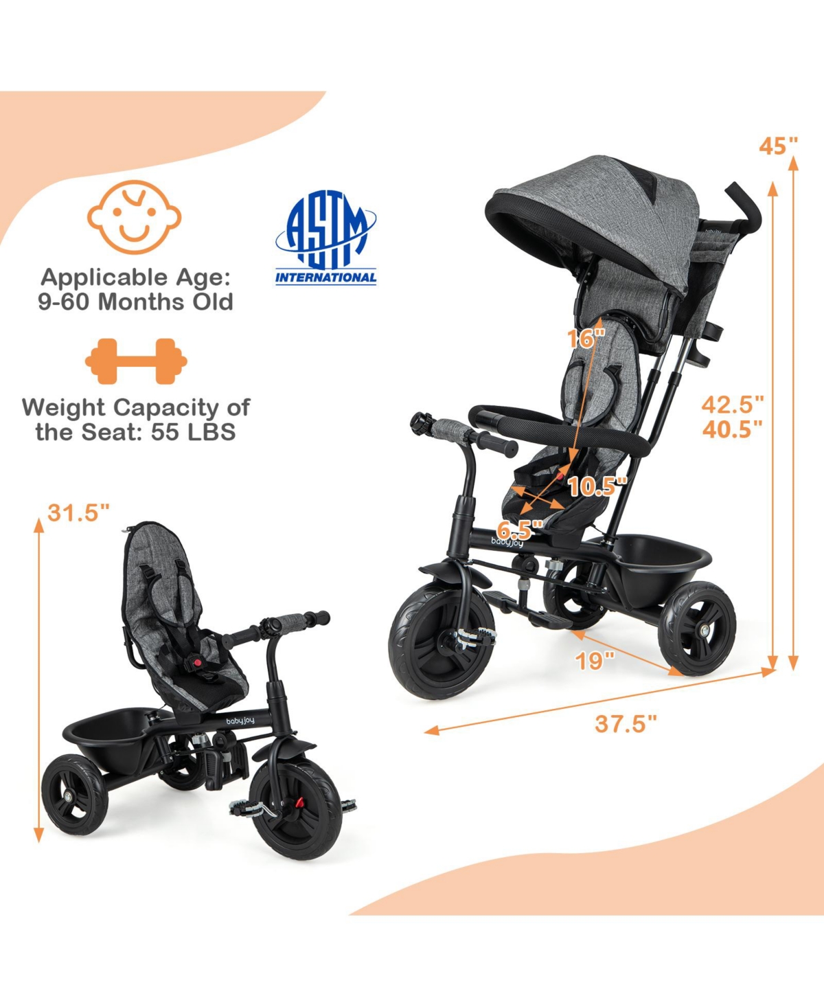 Slickblue 4-in-1 Baby Trike Kids Tricycle with Removable Canopy and Adjustable Push Handle
