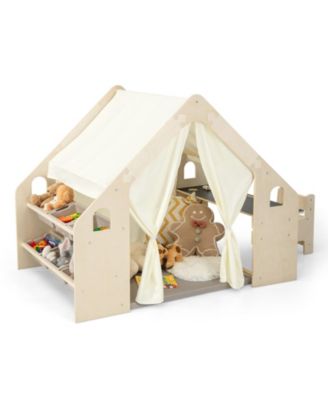 6-in-1 Kids Play Tent Playhouse with Blackboard 6 Storage Bins and Floor Cushion-Beige